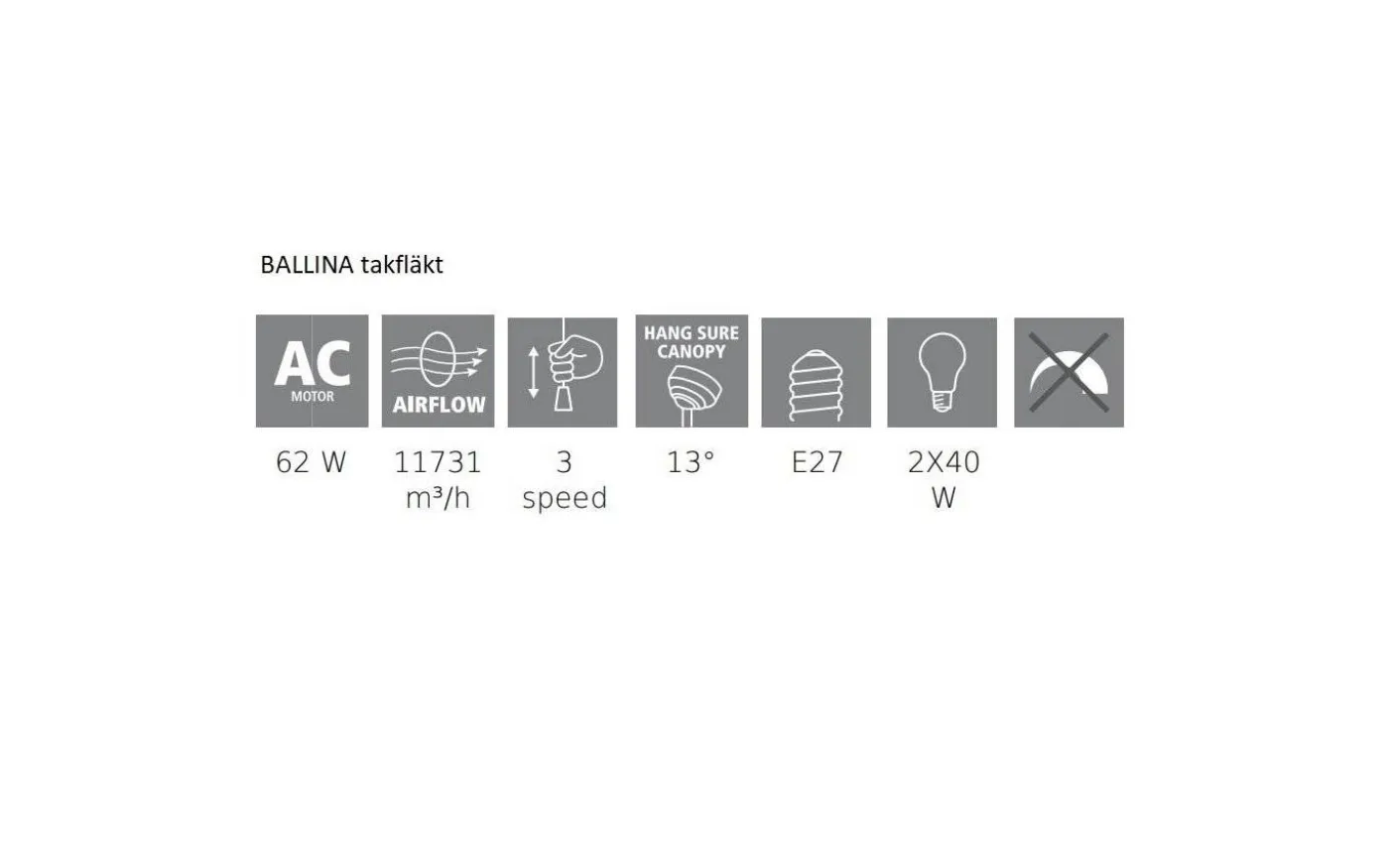 Ballina Takfläkt 132cm Nickel Med Belysning